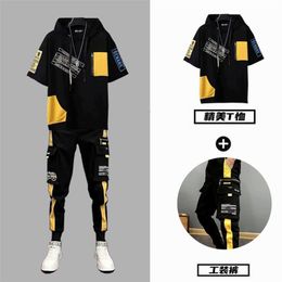 Été hommes ensembles coréen mode streetwear hommes joggeurs ensemble décontracté survêtement à capuche taille élastique pantalons hommes vêtements 2 pièces ensembles 220526