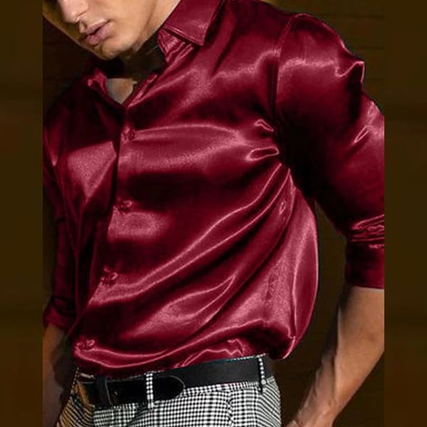Chemise d'été pour hommes Chemise à manches longues Robe de soirée Robe de soirée Haut de vacances T-shirt Soie rouge Doré Cérémonie Top Soie patinage co 240304