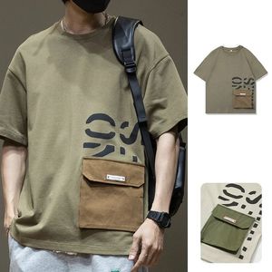 T-shirt imprimé à manches courtes pour hommes d'été avec poche cargo Casual coton Haut col en o Y2K Streetwear T-shirts surdimensionnés 240314