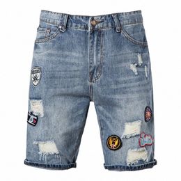 Summer Mens Shorts Badge broderie Light Blue Slim Fit Denim Shorts Mens Fi Trend Jeans Skinny Men Belk Mens Denim J2L1 #
