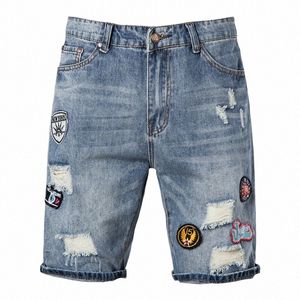 zomerheren shorts badge borduurwerk licht blauw slank fit denim shorts heren fi trend skinny jeans mannen strandheren denim j2l1#