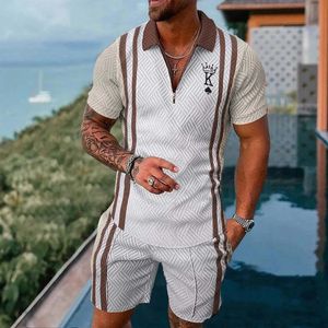 Zomer Heren Pak Trend 3D Afdrukken Rits Polo Shirt Shorts Tweedelige Set Zachte Mode Casual Mannen Kleding Trainingspak 240227