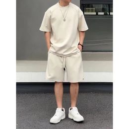Summer Mens Cost Solid Oneck ShortSleeve Tshirt Short Two Piece Set Trendy Simple Loose Couple Sportswear Casual Sports 240517