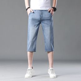 Summer Mens Thin Lyocell Fashion Denim Shorts étire les shorts droits Business Casual Short Color Couleur jeans mâles 240416