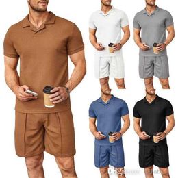 Zomer Heren Trainingspakken Grote maten M-3XL Sportkleding 2-delige broekenset Wafel V-hals Poloshirt met korte mouwen T-shirt Sweatsuits 2023 Modekleding Casual pak