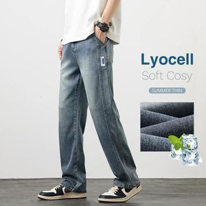 Zomerheren ultrathin los rechte jeans lyocell comfort broek Koreaanse mode retro blauw en zwarte denim broek 240430