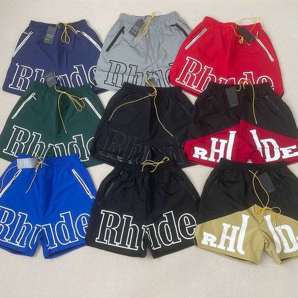 Verano para hombre para mujer Rhude Shorts Moda Casual Leathier Longitud de la rodilla Monopatín suelto Hip Hop Pantalones de natación Playa Bolsillo Calidad Cremallera Corto Tamaño asiático S-XL CRL8