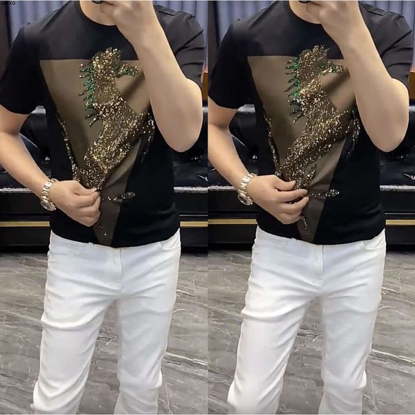 Été coton mercerisé col rond diamant laminé à chaud chemise d'or cheval à manches courtes mode tendance slim fit t-shirt élastique moitié hommes gxvq