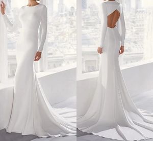 Robe de mariée sirène d'été, dos ouvert, bijou court, traîne, satin doux, manches longues, pays simple, robe de mariée, 2024