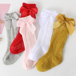 Été maille bébé longues chaussettes mignon nœud papillon princesse filles genou chaussettes hautes couleur unie respirant nouveau-né chaussette