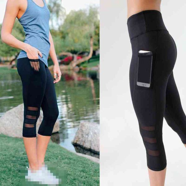 Summer Mesh Patchwork Fitness Leggings Pocket Design Entraînement de longueur de mollet Pantalon de yoga Sport Gym Pantalones Deportiva Mujer 210514