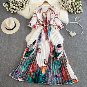 Vestidos informales Miyake, novedad de verano, vestido largo plisado para mujer, cuello redondo, cinturón con cordones, suelto, talla grande, flor, Vintage, ajustado, vestido acampanado 2023