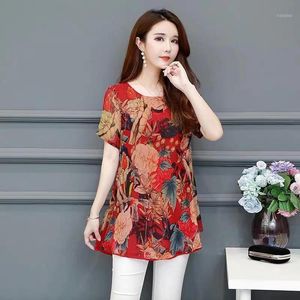 Zomer midden gepubliceerde vrouwen korte mouw mode blouse tops vrouwelijke bloem print losse elastische casual melk zijde shirt w56 dames blouses sh