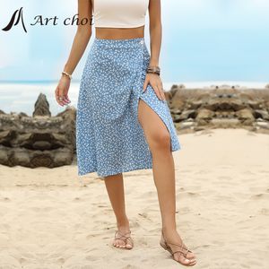 Été Midiskirt femmes en mousseline de soie MIDI fente jupes taille haute imprimé floral mode plage élégante jupe portefeuille femme Aline tenue 220521