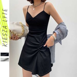 Mini robe d'été vintage style français taille haute slim noir gris plage robes moulantes sexy skinny club wear 210608