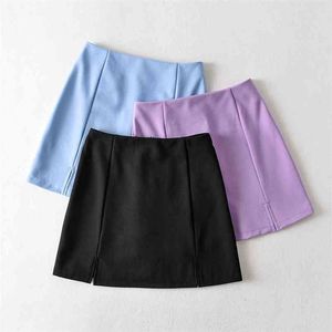 Mini falda de verano sexy una línea de cintura alta oficina damas divididas s cremallera trasera s azul púrpura negro 210621