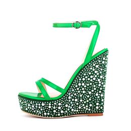 Verão cor misturada strass plataforma sandálias de salto feminino sapatos femininos verde roxo cinta peep toe festa gladiador sandálias 0316