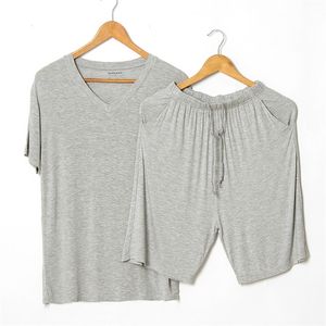 Conjuntos de pijama de Modal de verano, camiseta fina de manga corta, pantalones cortos, ropa de dormir para hombre, conjunto informal de 2 piezas con cuello en V, ropa de casa de Color sólido 220616