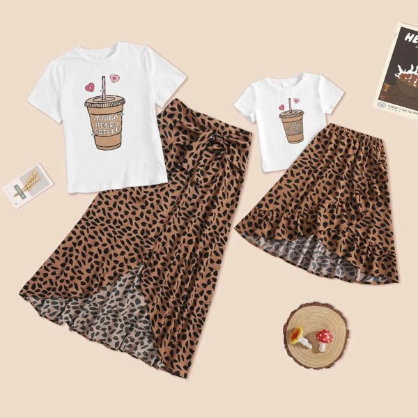 Falda con volantes y cordones con estampado de leopardo para mamá e hija de verano + camiseta para mamá y para mí, ropa para madre e hija, aspecto familiar