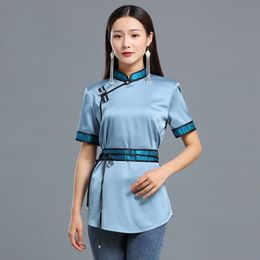 Zomer Mongoolse casual zijde vrouwen blouse tang pak stijl korte mouw top grasland living shirt Azië etnische kostuum elegante kleding