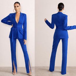 Zomer moeder van de bruid broek Pakken Royal Blue Ladies Women Formele avondfeest Blazer Draag slanke wijd uitlopende broek 2 stuks