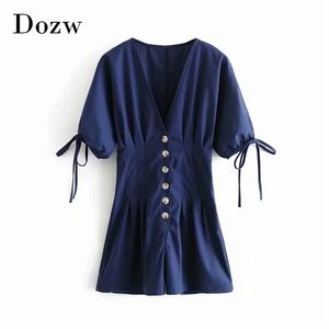 Summer Navy Color Deep V Cuello Playsuit Mujeres Batwing Manga corta Elegante Plisado Arco Algodón Lino Romper Lady 210515