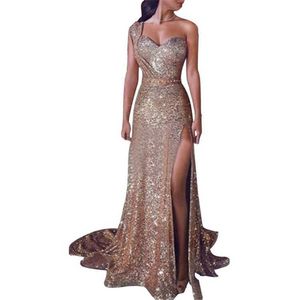 Zomerhals hangende jurk lange banketstijl sexy en high-end gevoel een schouder hete geperste gouden avond