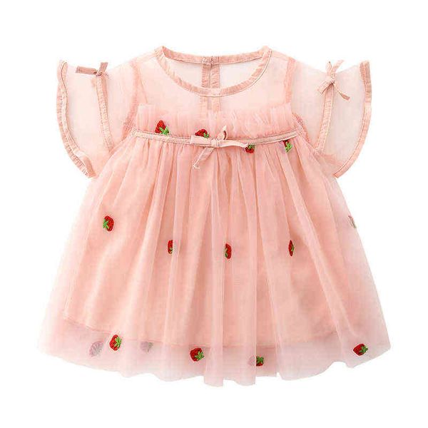 NOVEDAD DE VERANO 2021, ropa para niños, vestido femenino de manga corta con bordado de fresa, vestido de hilo rosa de 1 a 4 años AA220323