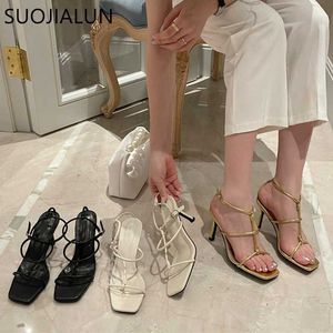 Été Nouveau 2022 Suojialun Gold Women Sandals Fashion Band étroit Dames Elegant Gladiator Shoes Thin High Heel Robe Pum E3A9
