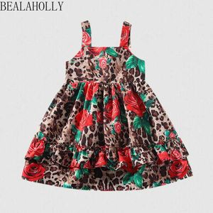 Zomer nieuwe baby meisje katoen luipaard rose gedrukt riem prinses jurk bloemen a-lijn meisjes jurk vakantie stijl meisjes mode q0716