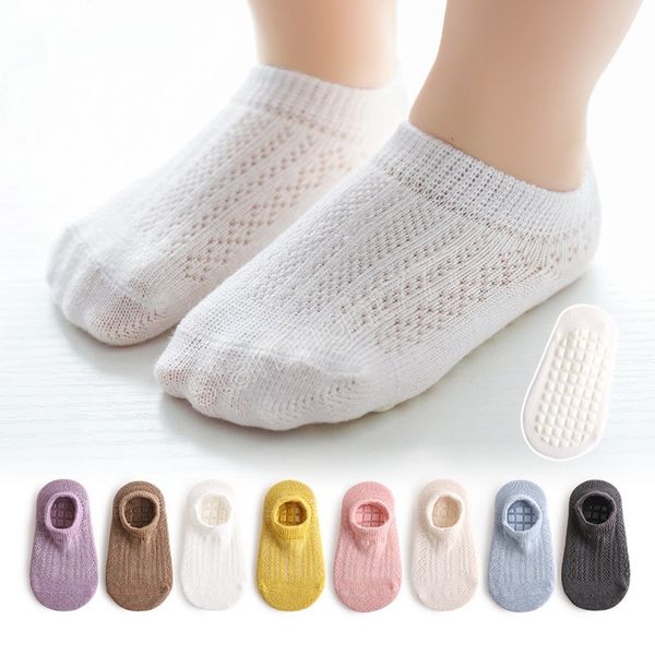 Été nouveau bébé chaussettes doux coton couleur unie antidérapant semelle en caoutchouc nouveau-né enfant en bas âge garçon fille chaussettes mince maille chaussettes de sol