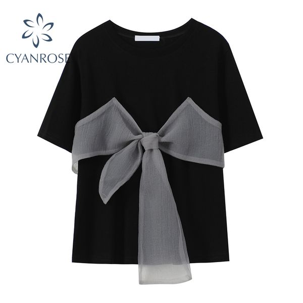 Été Nouveau Big Bow Patchwork Femmes T-Shirt Style Coréen Lâche Mode Tee Élégant Streetwear Ins À Manches Courtes Casual Tops 210417