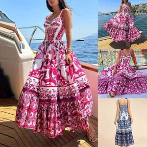 Zomer Nieuwe Boheemse rijstindustrie Lange jurk Basis Casual jurken Elegante afdruk kleurrijke lange jurk sling jurk strandjurk