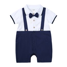 Été nouveau-né bébé garçon barboteuse manches courtes coton rampant nouveau-nés bébé garçon vêtements Gentleman barboteuses 3 6 9 mois