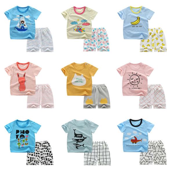 Souet short à manches courtes de nouveaux enfants, Pure Cotton Trade Foreign Children's Clothing, Cross-Border Girl's T-shirt Set, One Piece for Shipping