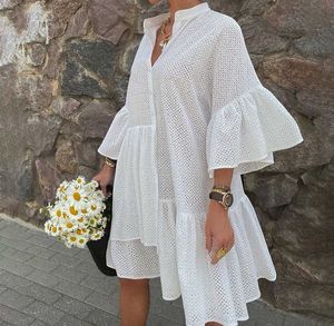 Zomer Nieuwe elegante vaste kleurstandaard Kraag vlindermouw onregelmatige losse vrouw casual jurk vrouwelijke vestidos