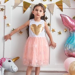 Zomer nieuwe Europese en Amerikaanse kinderjurk Girls houden van pailletten gebreide dress drom borduurwerk gaasvest prinsesjurk