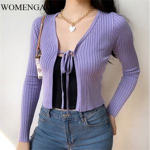 Summer Fashion Bow Sexy Cardigans Mujeres Top Purple Knitting Womens Girl Suéter femenino con cuello en V SQVJ 201223