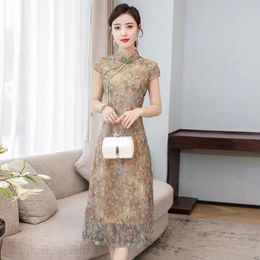Été nouvelle mode imprimé taille enveloppé robe mi-longue Cheongsam de maman