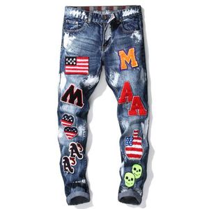 Zomer Mode Stijl Mens Designer Jeans Blauw Skinny Potlood Jean Rechte Geborduurde Vlag Badge Pant Slim Brand