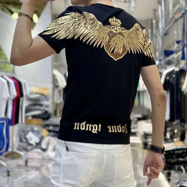 NOUVEAU T-shirt de mode Slim Fit Personnalisé Wing Imprimé Hot Diamond Half Half Mancheves Fin Men's Short Manches