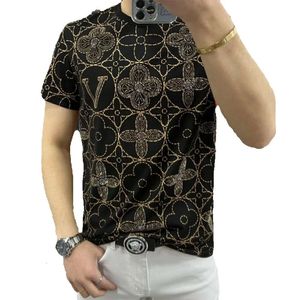 Été nouveau mode hommes à manches courtes bas haut Boutique Tencel coton polyvalent col rond confortable imprimé chaud percé demi manches