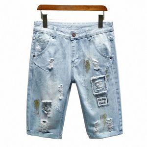 Zomer Nieuwe Fi Men's Denim Shorts Light Blue Patalized Patch Street Hip Hop Draw Youth Short Jeans W2PV#