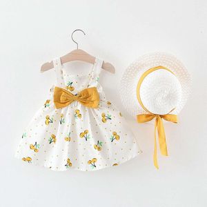 Summer New Girl Baby Bow Dot Cereza Impresión con sombrero Vestido de fiesta de cumpleaños de princesa