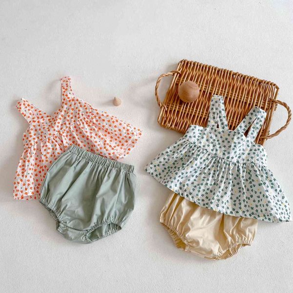 Summer New Infant Baby Boy Girl Soft Floral Pattern Camisole Tops + enfant en bas âge Solid Loose Pant 2pcs Ensemble de vêtements pour enfants 210413