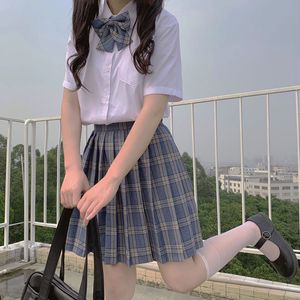 Été nouveau collège japonais vent JK uniformes à manches courtes étudiants chemise blanche taille haute Plaid jupe plissée costume femme