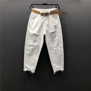 Zomer Nieuwe Korea Fashion Vintage Ripped Witte jeans voor Vrouwen Losse Casual Enkellange Denim Harem Broek Jean Femme LJ201013