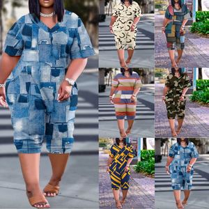 Summer en V Loose en V Loose en V Lume Suit à saut imprimé plus de taille de rue à la mode pour femmes