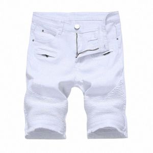 Été Nouveaux Hommes Jeans Shorts Longueur Au Genou Couleur Unie Persalized Zipper Design Fi Mâle Denim Shorts Blanc Noir Rouge y96P #