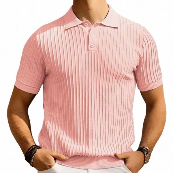 Été Nouveaux hommes Candy Color Knitwear Fi à manches courtes Solide rayé Polos Polos Hommes Busin Casual Golf Tops tricotés Y4yx #